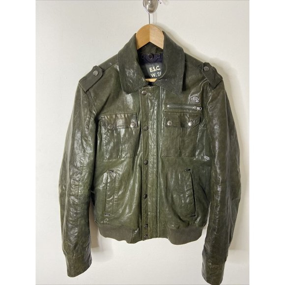 Energie Other - Energie Sixty Men Large Green Leather Biker Racer Bomber Jacket Y2K